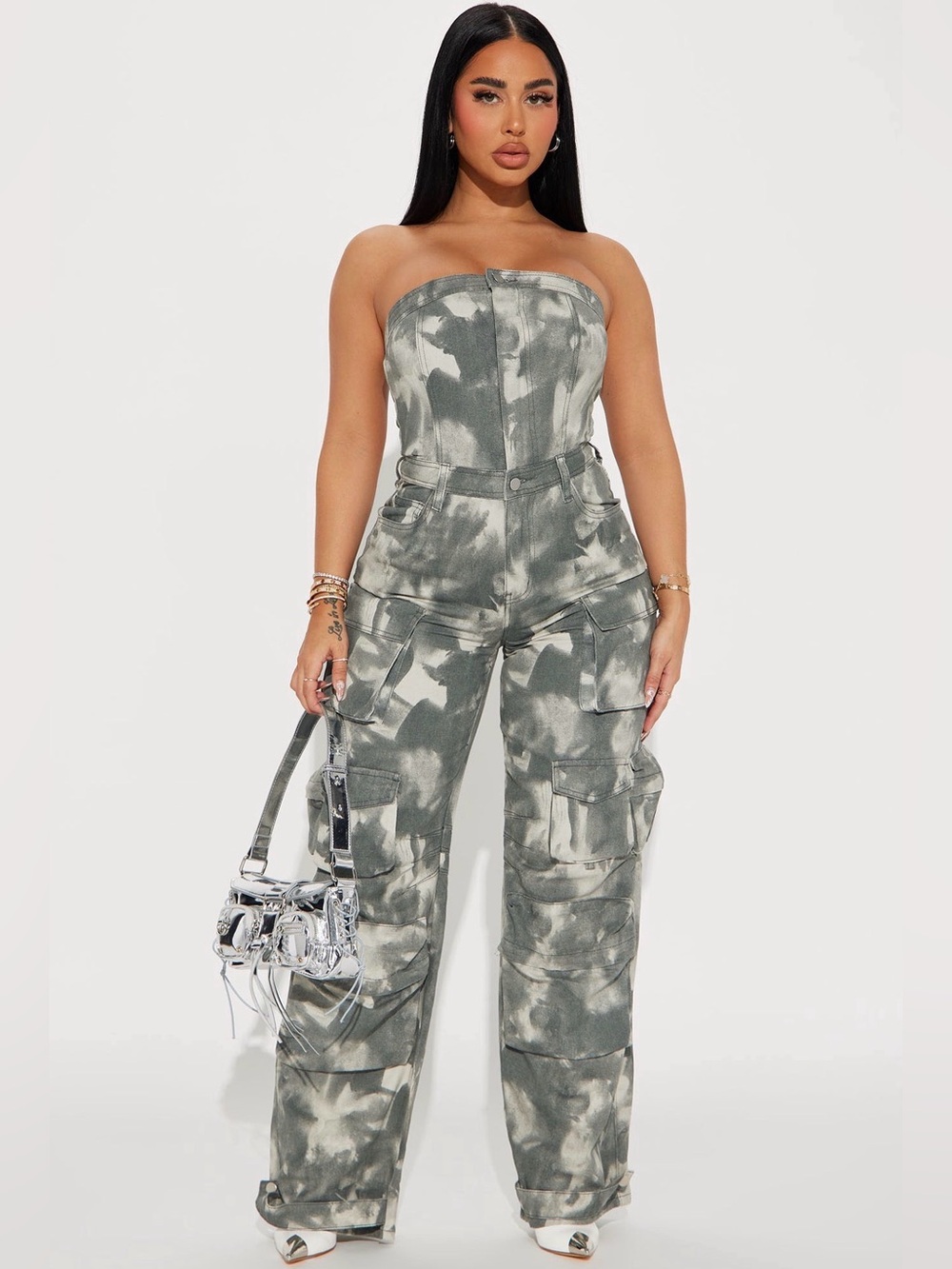 Fashion Nova Strapless Denim Jumpsuit - Grey/combo